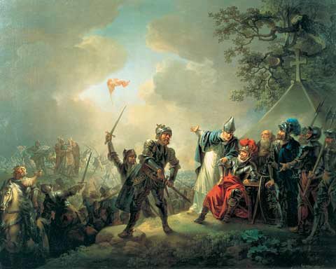 Dannebrog falling from the sky during the Battle of Lyndanisse, June